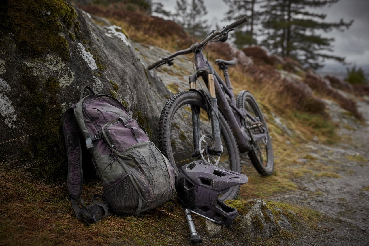 A well-used riding backpack resting against a mossy trailside boulder beside a leaning mountain bike, shown in black and white