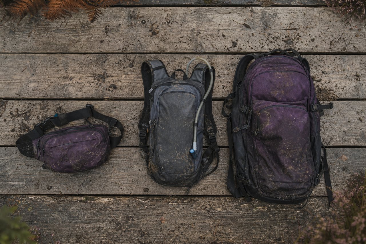 Three riding packs — a hip pack, a mid-size hydration backpack and a larger day pack — laid out on weathered boards, shown in black and white