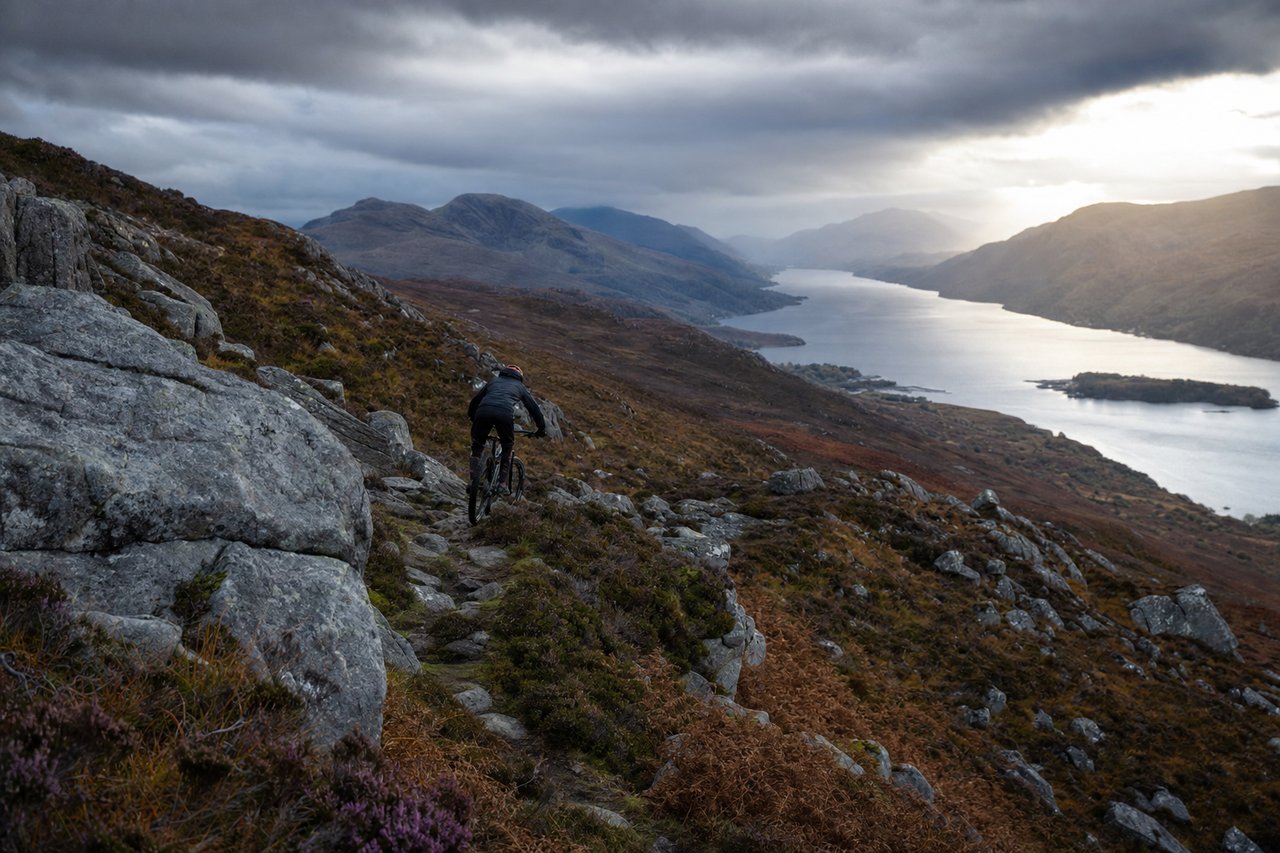 A mountain biker traversing a rocky Highland trail above a long glen, shown in black and white